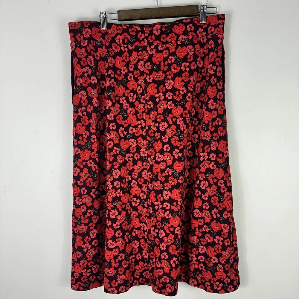 Lands End Skirt Womens Large Red Floral Black A-Line Midi Pockets‎ Feminine Chic